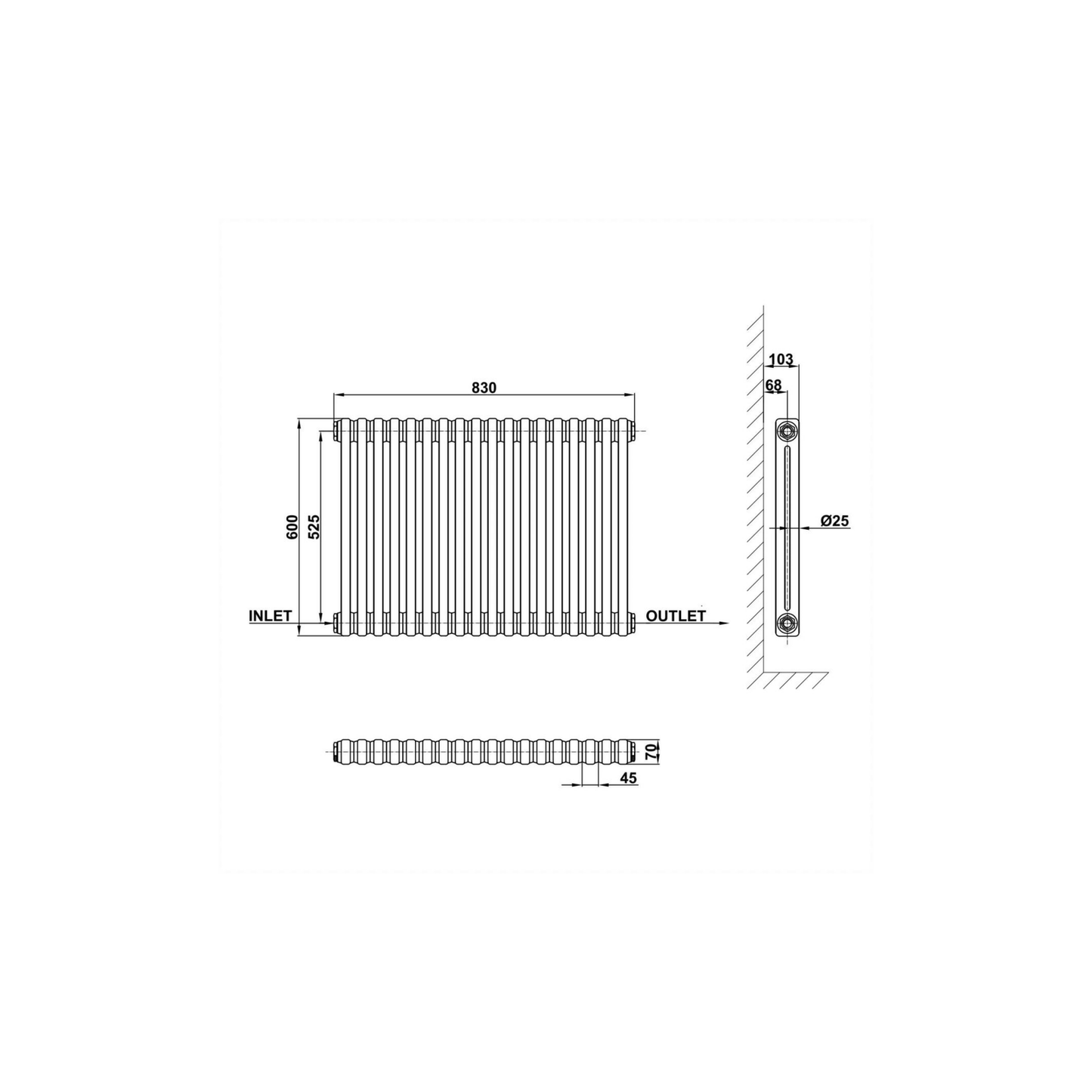 Huro White Double Column Horizontal Traditional Radiator
