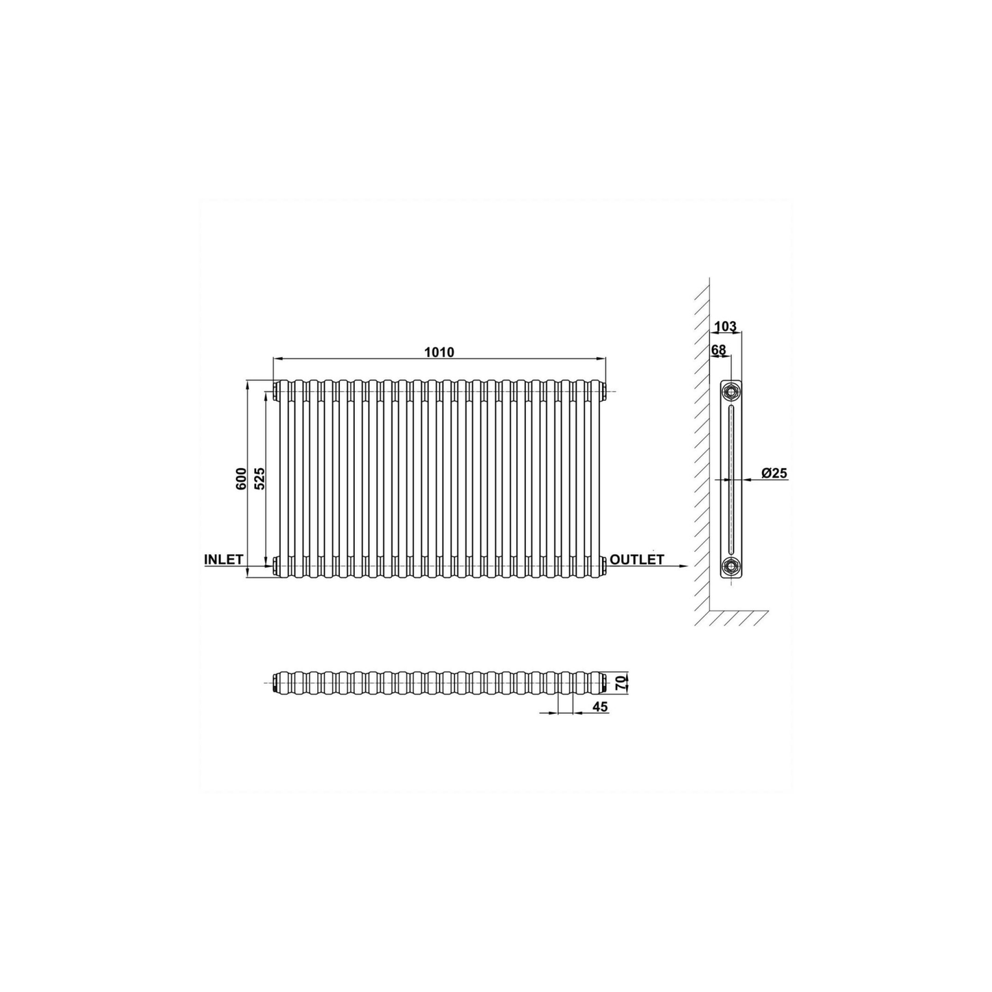 Huro White Double Column Horizontal Traditional Radiator