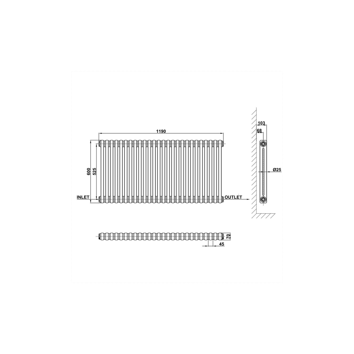 Huro White Double Column Horizontal Traditional Radiator